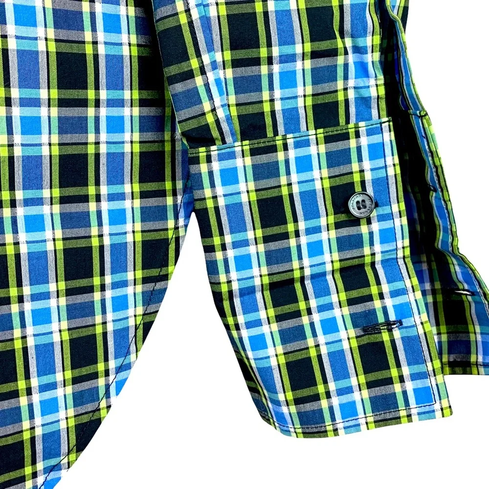 Burberry Saoirse Plaid Long Sleeve Silk Trim Button Shirt Azure Blue - Picture 13 of 16